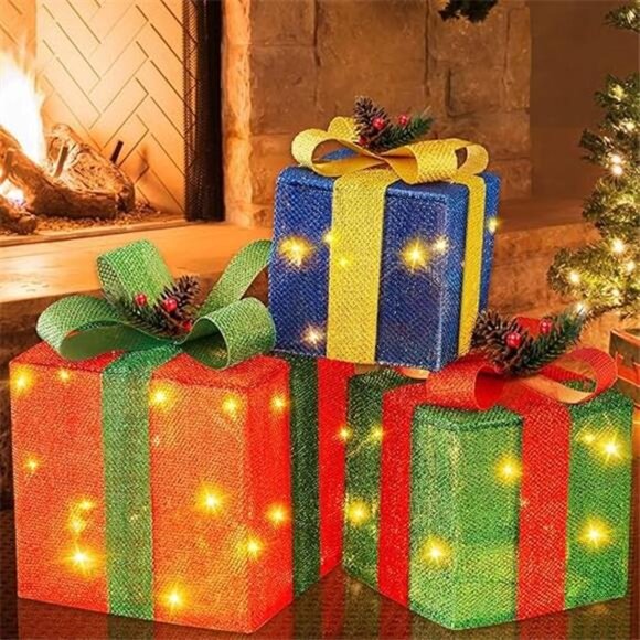 XL Set of 3 LED Lighted Christmas Gift Boxes, Indoor/Outdoor, Timer + 8 Modes - Picture 6 of 6